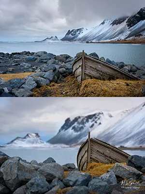 Small wooden boat wreck on rocks at Westrahorn, Iceland
